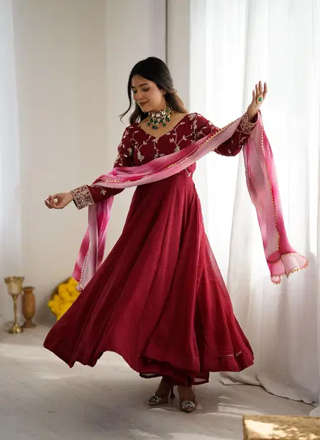 Jf 029 Crunchy Silk With Embroidery Sequence Work Anarkali Dress
